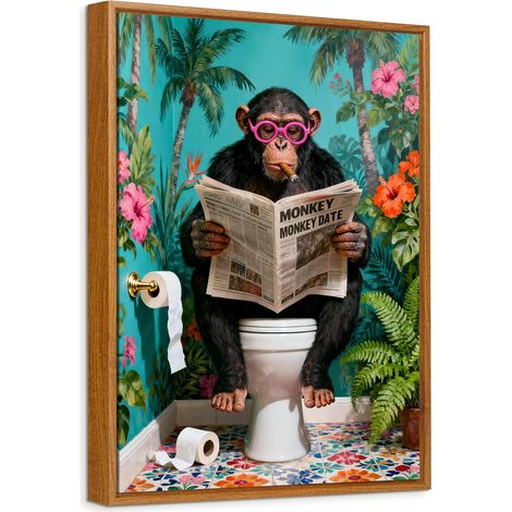 Singe Tableau Encadrée Poster Mural Peinture Impression sur Toile Image Affiche Gorille Amusante Lisant le Journal sur les Toilettes Tableau Decoration Murale Salon Salle de Bains WC 30x40cm (1/5)