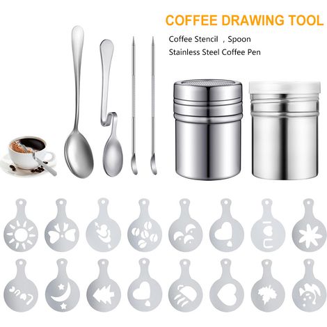 Kit décoration café 22 pièces acier inoxydable, pochoirs lait art pot saupoudrage cuillères stylo gravure pour cappuccino latte maison barista (1/5)