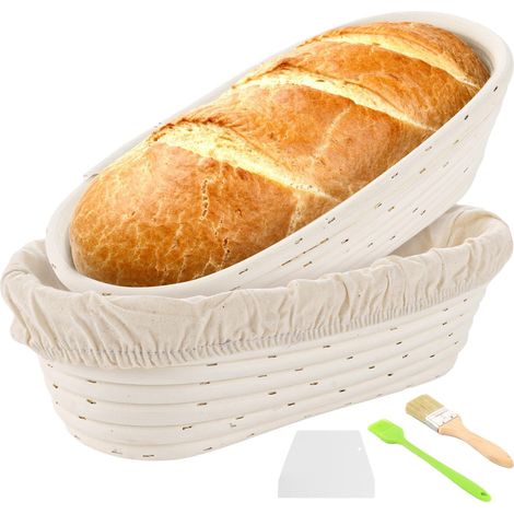 Lot de 2 paniers de fermentation ovales de 30 cm avec chiffon en lin et pinceau à huile en silicone, panier de fermentation pour la cuisson du pain et de la pâte à pain (1/5)