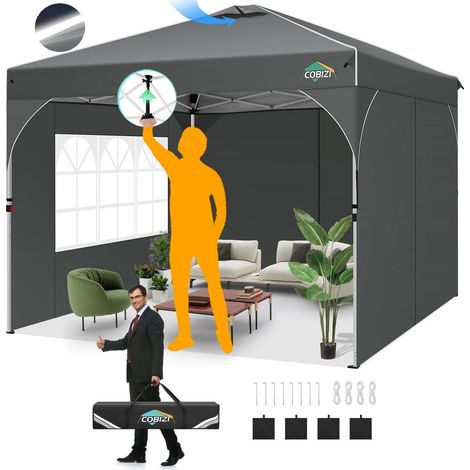 Faltpavillon 3x3m Grau Wasserdicht mit 3 Seitenteilen, Höhenverstellbar (1/5)