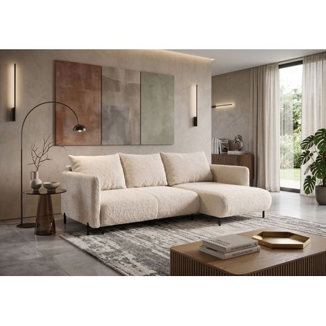 Divano angolare reversibile 4 posti FONII XL con funzione letto, rivestito in tessuto teddy bouclé bianco (1/5)