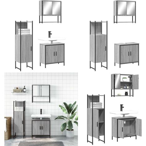 3-tlg. Badmöbel-Set Grau Sonoma Holzwerkstoff - Duschabtrennung - Badezimmermöbel - Badspiegel - Wandregal - Duschvorhang - Home & Living (1/5)