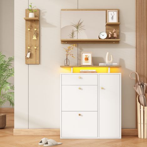Ensemble porte-manteaux couloir 3 pièces miroir étagère à chapeaux armoire à chaussures éclairage LED 4 crochets naturel et blanc 105 x 25 x 151,5 cm.