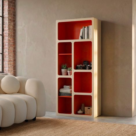 sweeek - Etagère bibliothèque organique décor bois 8 compartiments orange - Agatha (1/5)