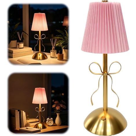 Lampe de chevet sans fil style vintage – Avec nœud décoratif et abat-jour en tissu – LED à intensité variable, alimentation USB et piles – Pour chambre et décoration intérieure – Rose (1/5)