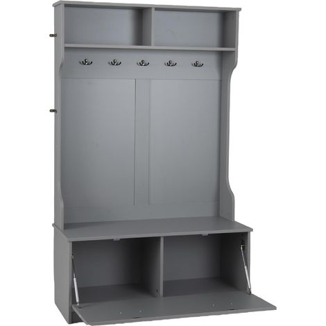 Costway – Porte manteau 4 en 1 avec banc à chaussures – 5 crochets doubles – 2 étagères ouvertes – Armoire à porte avec tige pneumatique – 100x40x160cm gris (1/4)