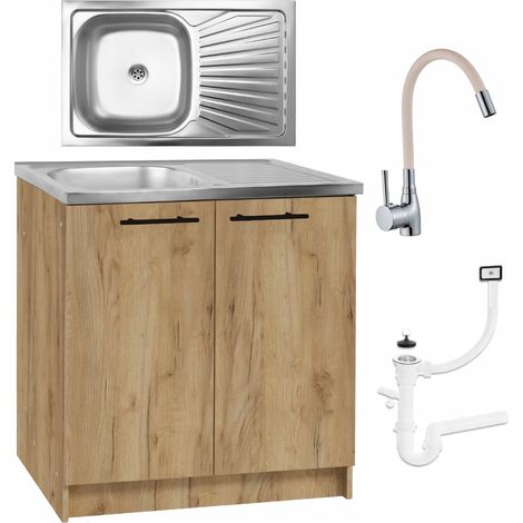 Küchenunterschrank 80 cm - Eiche golden - Komplettset mit Spüle und flexibler Armatur - Modern und funktional (1/5)