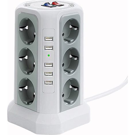 Multiprise Parafoudre 5 Ports USB et 12 Prises - Protection Surtension avec 3 Interrupteurs, Blanc (1/4)