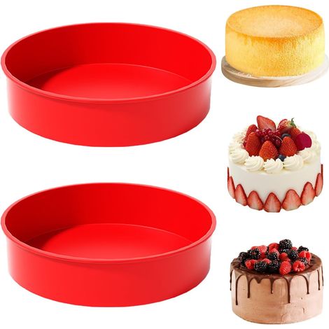 Lot de 2 moules à gâteau ronds en silicone 25 cm, antiadhésifs, démoulage facile, pour cuisson gâteaux, pain, pâtisserie (rouge). (1/5)