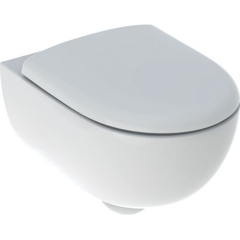 Geberit – Cuvette WC suspendue Renova Rimfree – Abattant ralenti en duroplast – Charnières en laiton chromé – Fixation par le haut – Blanc