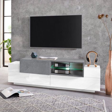 TV-Lowboard New Coro Low M, 160 cm, offene Ablage, 3 Türen, Weiß und Schiefergrau