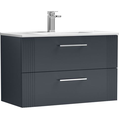 Belvide Partial Fluted 2 Drawer Wall Hung Vanity Unit with 1 Tap Hole Minimalist Basin - 800mm - Dark Grey