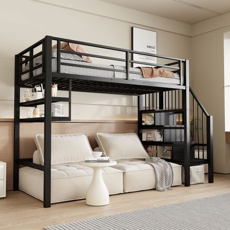Lit mezzanine 90x200 cm avec étagères, échelle de rangement, espace sous le lit, barrière de sécurité, noir(sans matelas)