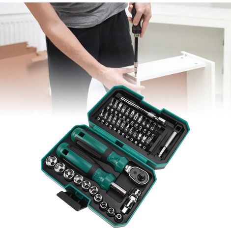 Ensemble de 40 outils multifonctions à douilles et tournevis pour usage domestique, comprenant des petites clés à cliquet et des douilles de tournevis à couple élevé. (1/5)