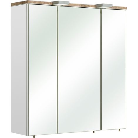 Badezimmer Spiegelschrank DOVER-66 in Weiß Glanz mit 3D Kante in Riviera Eiche Nb., B/H/T: ca. 65/70/20 cm (1/5)