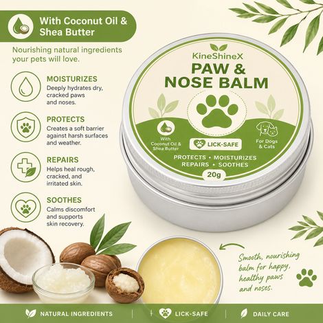 Der KineShineX Pet Paw and Nose Balm, hergestellt aus natürlichem Kokosnussöl und Sheabutter, ist ableckbar und feuchtigkeitsspendend.