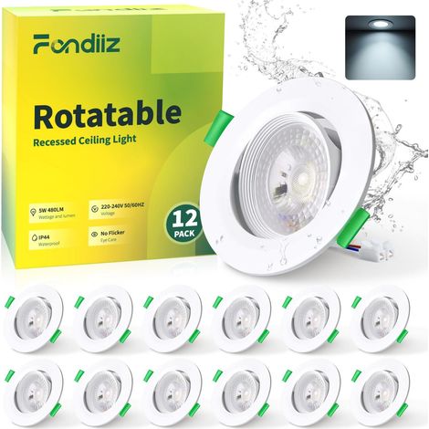 5W Spot LED Encastrable Extra Plat, Spot LED Orientable 480LM Blanc Neutre 4000K, Spots IP44 Étanche pour Salle de Bain, Spots de Plafond Rond Blanc Trou Ø70-80mm, Non Dimmable, Lot de 12