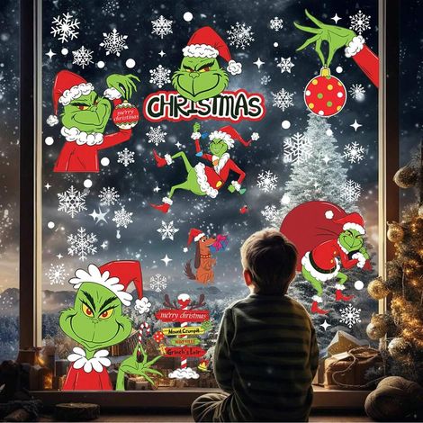 Décorations de Noël pour fenêtres, lot de 9 stickers réutilisables double face, motifs hiver et fêtes, autocollants de vitre festifs, idéal pour maison, appartement et soirée de Noël. (1/4)