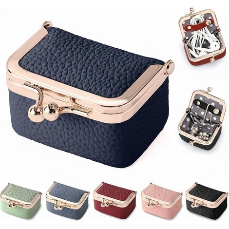Mini boîte à bijoux de voyage en cuir véritable pour pièces de monnaie, petite taille (bleu)