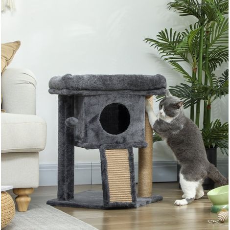 Tiragraffi per gatti con piattaforma, pallina e casetta, grigio scuro, 40 x 40 x 57 cm (1/5)