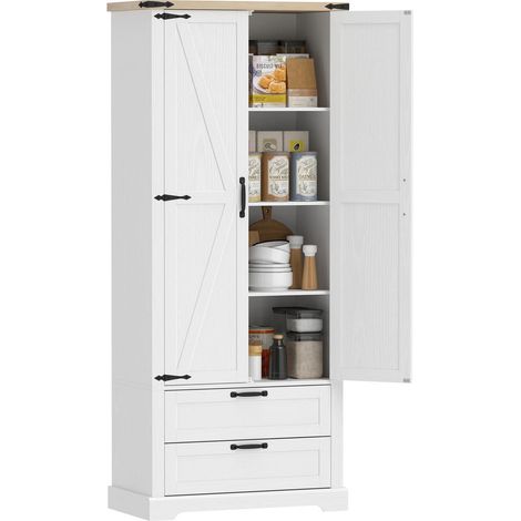 Buffet haut de cuisine avec rangement, 2 portes, 2 tiroirs, étagères réglables, style rustique, blanc 76x40x180 cm (1/5)