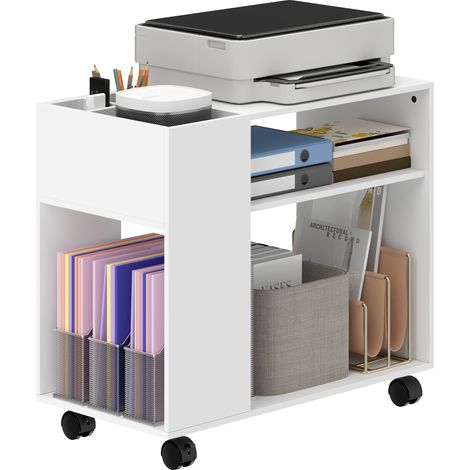 HOMCOM Mobile per Stampante con Ruote, Ripiani e Scomparti, 70x36x60 cm, Bianco