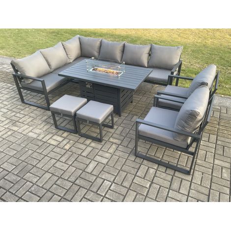 Fimous Aluminium Patio Outdoor Garden Furniture Corner Sofa Set Gas Fire Pit Dining Table with 2 Chairs 2 Small Footstools Dark Grey (1/5)