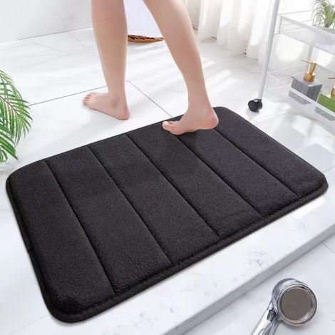 Ede Noir - Matelassé 4060cm (polaire corail 0,6cm) Tapis de porte uni en polaire corail, lavable, antidérapant pour salle de bain. (1/4)