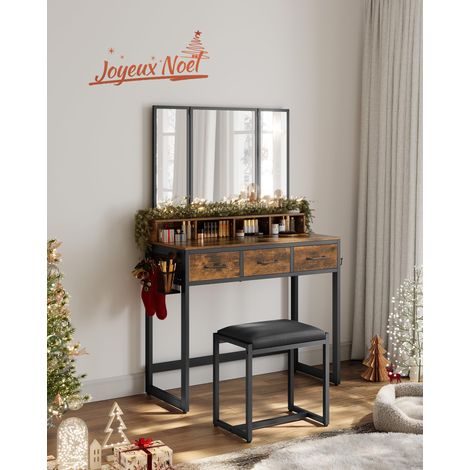 Coiffeuse, Table de Maquillage avec Tabouret Rembourré, avec Miroir Triple, 3 Tiroirs, Porte-sèche-Cheveux, Pot, Style Industriel, Marron Rustique et Noir RVT004B01 (1/5)