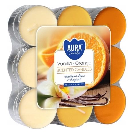 Velas de té de parafina con aroma a vainilla y naranja, 18 unidades, Aura