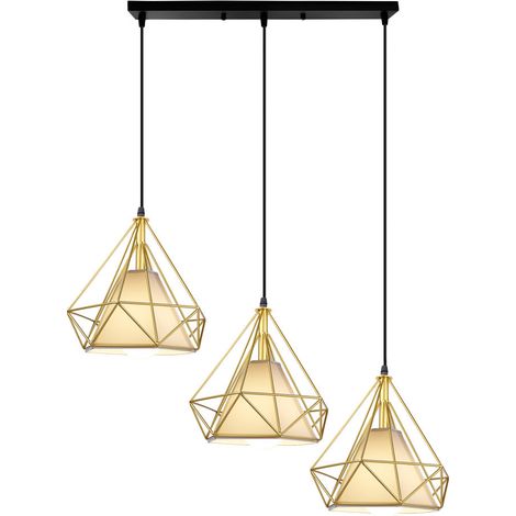 Vintage Pendant Light, 3 Lamp Holders Metal Hanging Ceiling Lamp with Lampshade, Diamond Shape Chandelier (Black&Gold) (1/5)