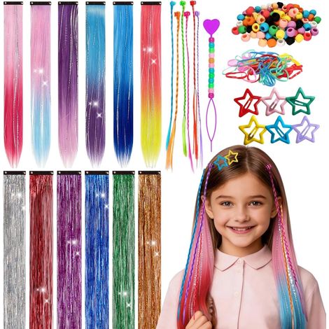 Girl's Hair Styling Kit: 6 Straight Hair Extensions Clip, 6 Tinsel Hair Colours, 6 Coloured Hair Braids for Children, Elastics and Accessories Included