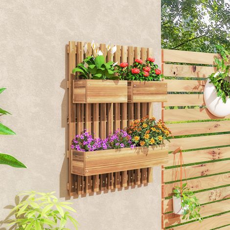 Jardinière verticale à claire-voie avec 3 pots amovibles. En bois de sapin. 60 x 16 x 80 cm. Brun brûlé.