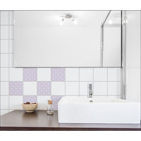 Sticker carrelage adhésif x6, 15 cm X 15 cm - Autocollant décoratif nuage graphique blanc et violet - Déco pour carreaux mural (1/3)
