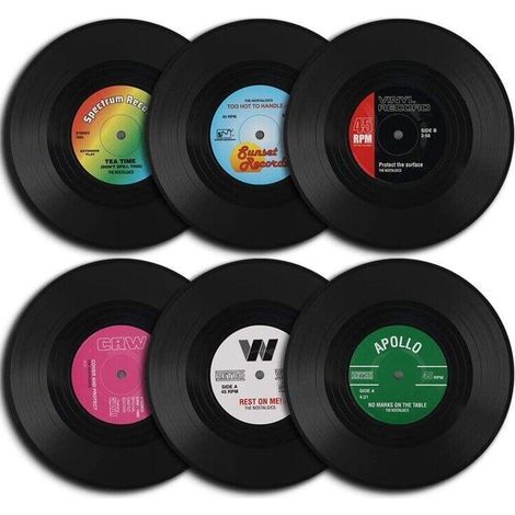 Lot de 6 sous-verres rétro en vinyle - Dessous de verre ronds en ABS pour la maison ou le bar (1/5)