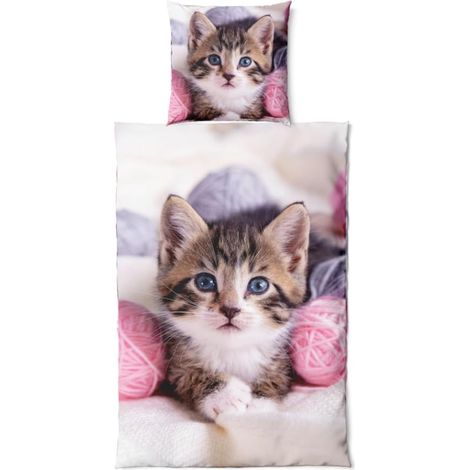 Parure de lit Bébé Chat Taie d'oreiller 80x80 cm Housse de couette 135x200 cm Microfibre (1/3)