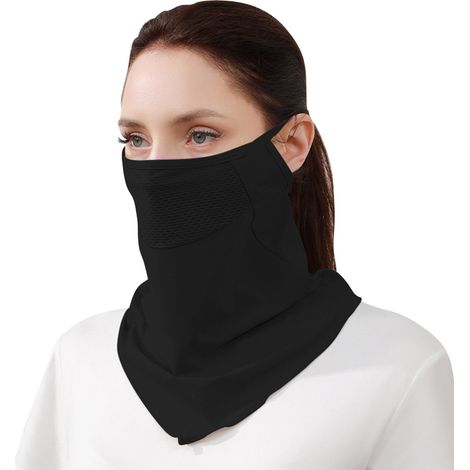 Maschera viso e sciarpa da ciclismo da donna in seta ghiaccio rinfrescante con protezione solare UPF 50+ e passanti per le orecchie (nero) (1/3)