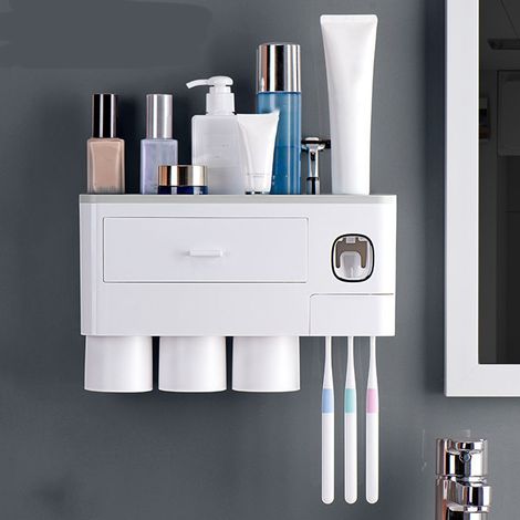 Zahnbürstenhalter fürs Badezimmer, wandmontierter 3-Becher-Zahnbürstenhalter mit automatischem Zahnpastaspender, großes Fassungsvermögen, Set (1/4)