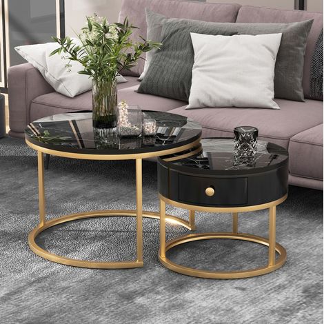 Tavolini da salotto rotondi a incastro 2 pezzi in MDF nero effetto marmo lucido, set salvaspazio 70 cm (1/5)