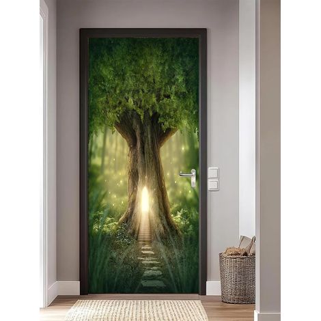 Fantaisie Lumière Arbre Maison Autocollant Porte Affiche 3D pour Cuisine Chambre Salle de Bain Auto-adhésif Amovible Murale Décoration 77X200cm (1/5)