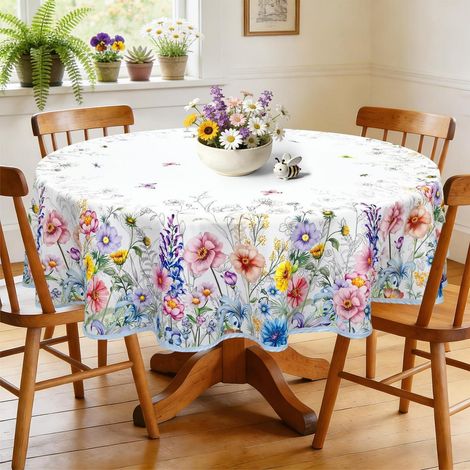 Nappe ronde aquarelle fleurs Ø 180 cm, lavable, polyester