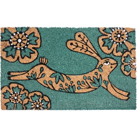 Felpudo moderno para interior y exterior 45 x 75 cm motivo conejo fibra de coco dorso de PVC antideslizante verde azulado Clark