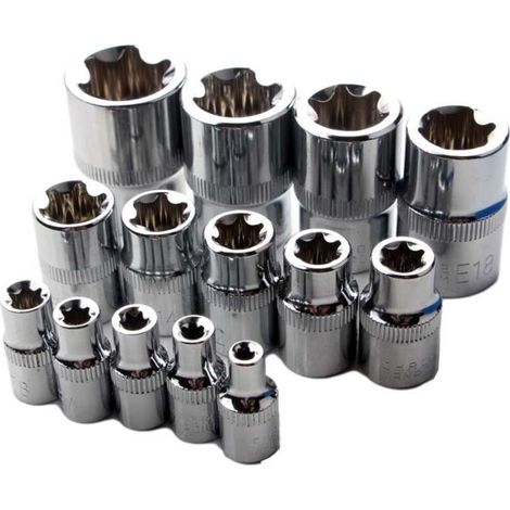 Juego de 14 llaves de vaso Torx, tipo E, de E4 a E24, de acero cromo-vanadio endurecido. (1/4)