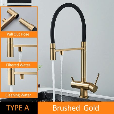 (TYPE A Brush Gold) Robinet de cuisine filtré noir et gris, filtre à eau, mitigeur, purification de l'eau, eau potable (1/5)