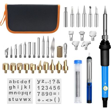 40Pcs Kit Pyrogravure Bois, 60W, Reglable Température, Professionnel Electrique Outil Pour La Pyrogravure, Souder, DIY, Et L'Artisanat Sur Bois, Cuir, Surface，bleu，