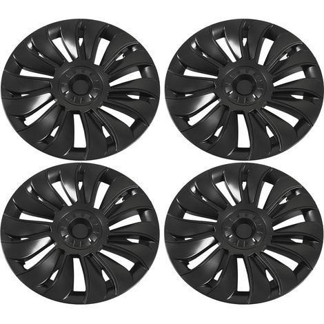 4 Roues Enjoliveur 19 Pouces Style Spirale 14 Branches Cache Moyeu Noir Brillant Compatible Tesla Model Y 2020-2023 (1/5)