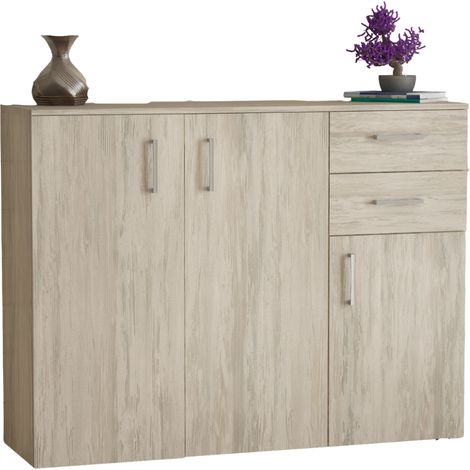 Credenza Soggiorno 2 Ante 3 Cassetti Madia Buffet Salvaspazio in Legno MDF- Rovere - 106x36x83h (1/5)