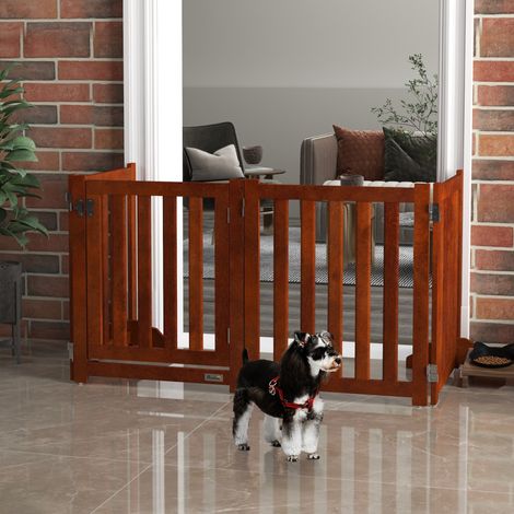 Barrière de sécurité pour chien en bois, pliante double face, 4 panneaux avec porte, pieds de support, 205 x 60 cm, marron (1/5)