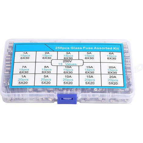 Kit de 250 fusibles en verre 6x30/5x20 mm, isolés, résistants à la chaleur et ignifugés, 1-20 A 250 V (1/5)
