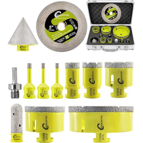 Foret Diamant Carrelage Kit - Scie Cloche Diamantée 12 pièces (6/6/8/25/35/50/68/110mm+20mm Fraise+50mm Mèches Chanfrein+125 Disque X+Adaptateur) pour Carrelage Céramique Porcelaine Marbre (1/5)